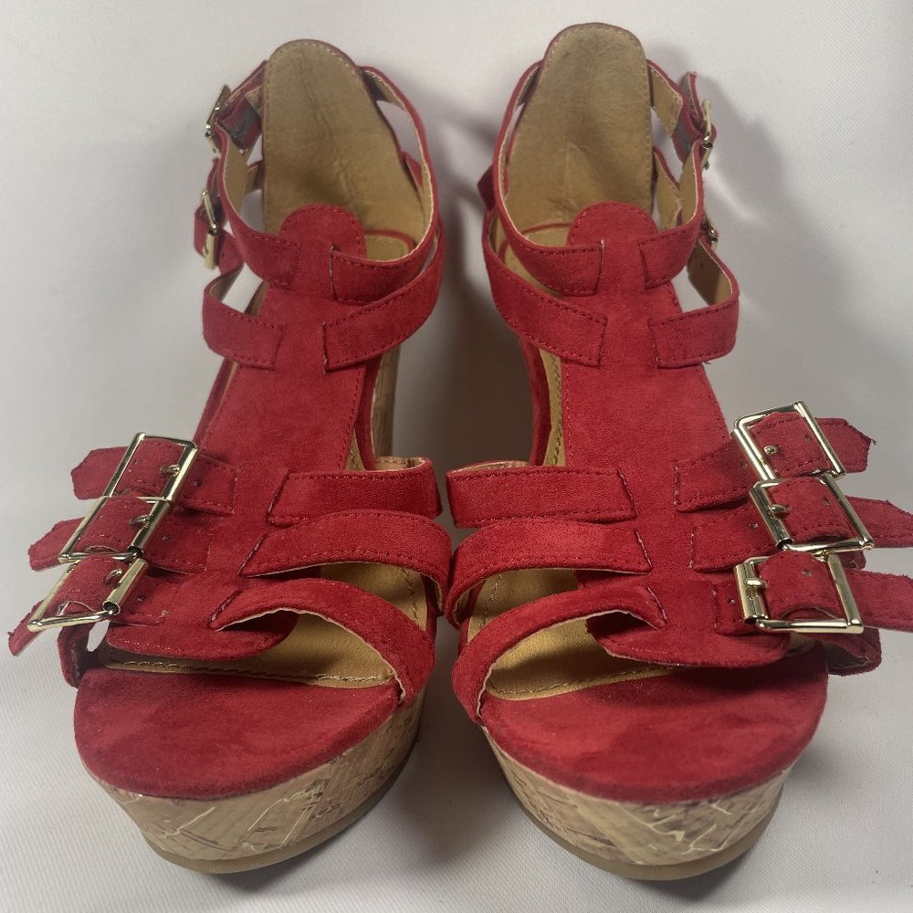 Express Women’s Platform Wedge w/ Ankle Buckled Strappy Sandals Red US Size 6